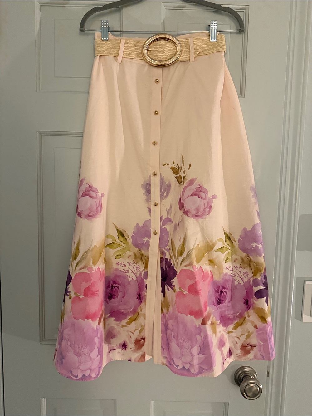 Zara Cream A-Line Midi Skirt with Pink and Purple Floral Hem